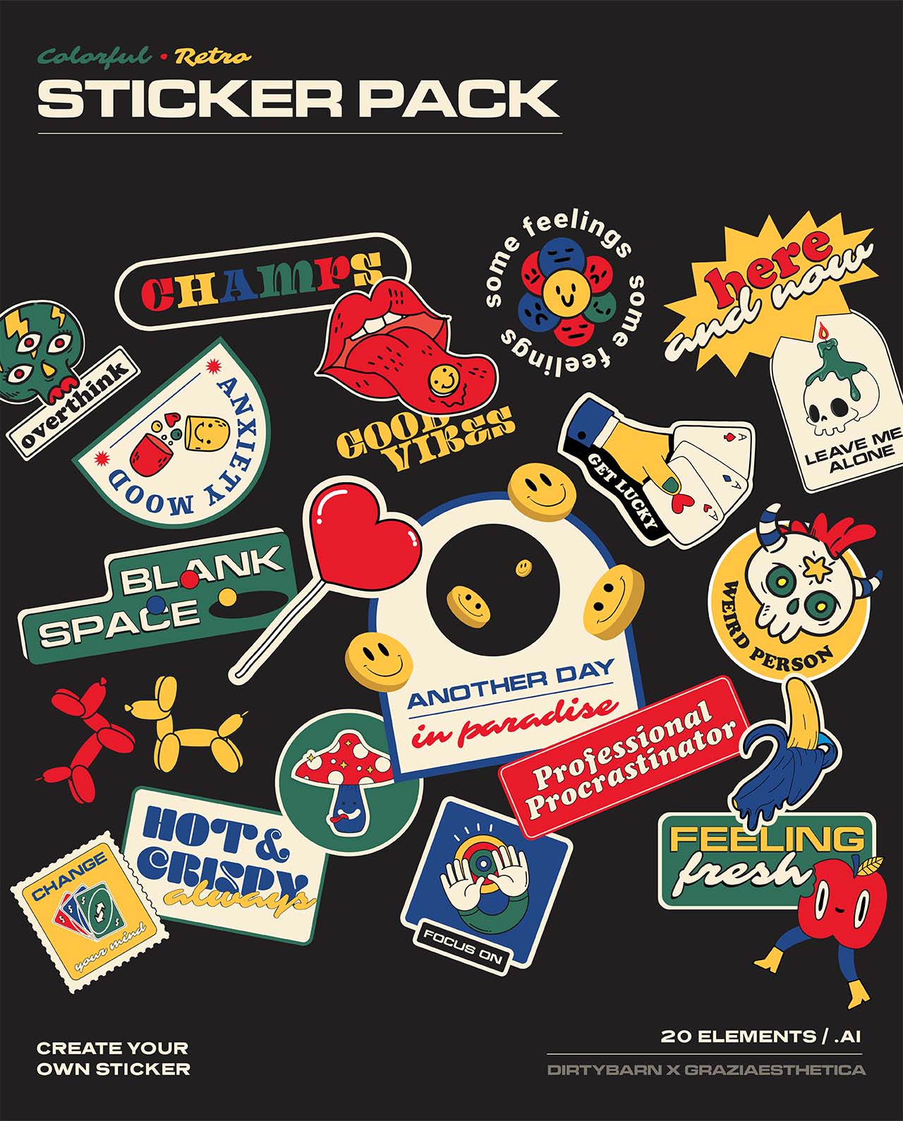 Colorful and Retro Sticker Pack - 20 Pieces