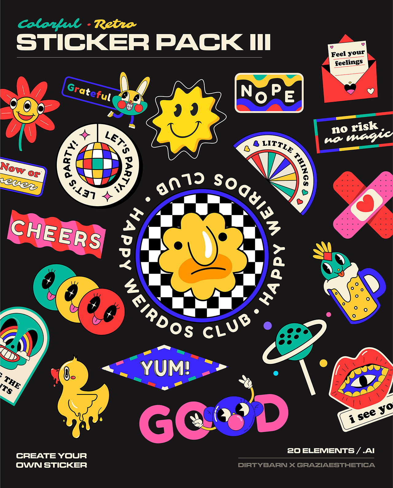 Colorful and Retro Sticker Pack III – 20 Pieces
