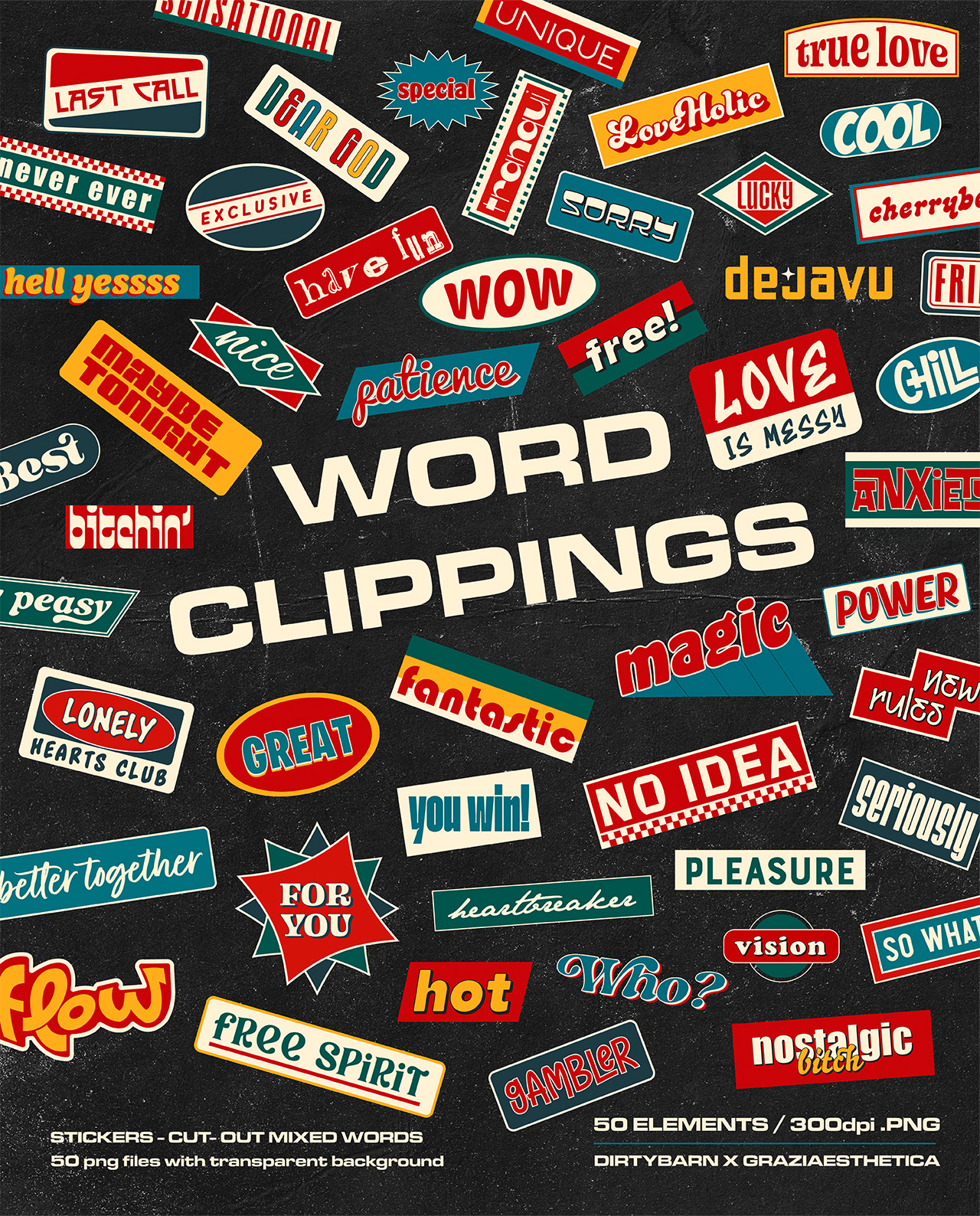 Word Clippings: Retro Stickers and Headlines – 50 Pieces